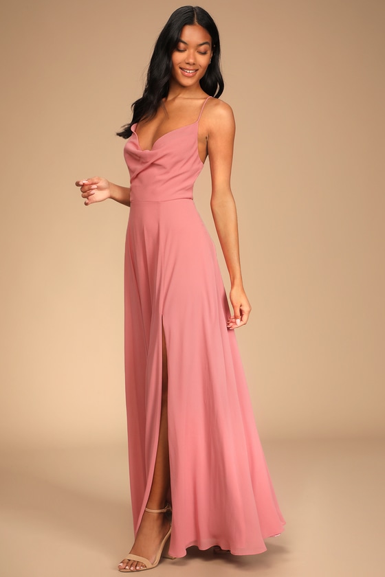 Romantically Speaking Rose Pink Cowl Lace-Up Maxi Dress
