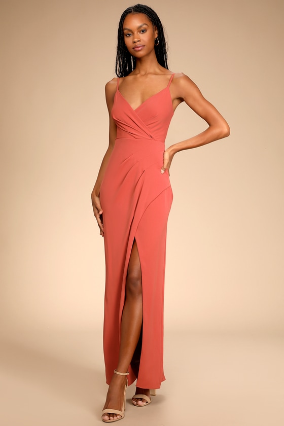 Lulus | Stunning Outlook Terracotta Surplice Faux-Wrap Maxi Dress | Size X-Large | Orange | 100% Polyester