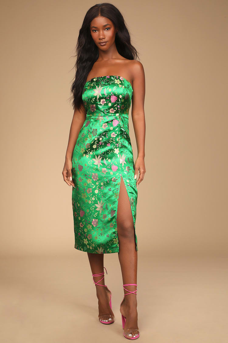 Green Satin Midi Dress - Floral Satin Midi Dress - Brocade Dress - Lulus