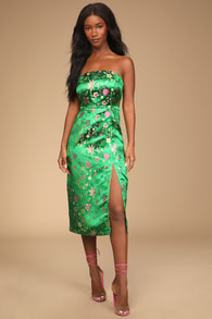 Make a Move Green Satin Floral Jacquard Strapless Midi Dress