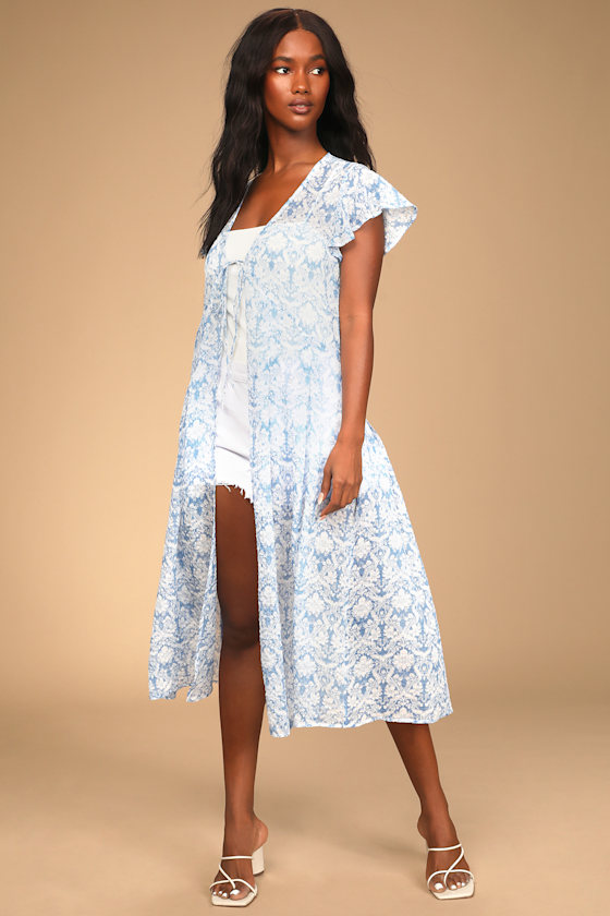 Tender Times Light Blue Vintage Print Tie-Front Duster 2