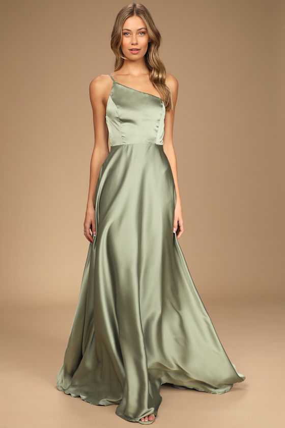 Calling for Love Olive Satin One-Shoulder Maxi Dress 5