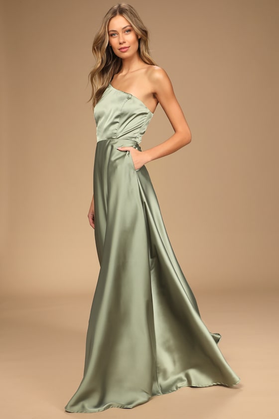 Calling for Love Olive Satin One-Shoulder Maxi Dress 1