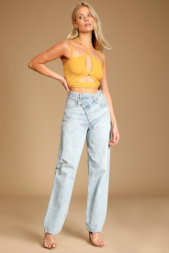 '90s Baby Yellow Ribbed Cutout Cross-Front Halter Crop Top 5
