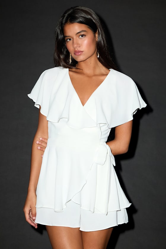 Aldrin White Ruffled Backless Wrap Skort Romper - thumbnail 3