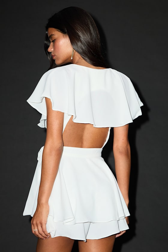 Aldrin White Ruffled Backless Wrap Skort Romper - thumbnail 4