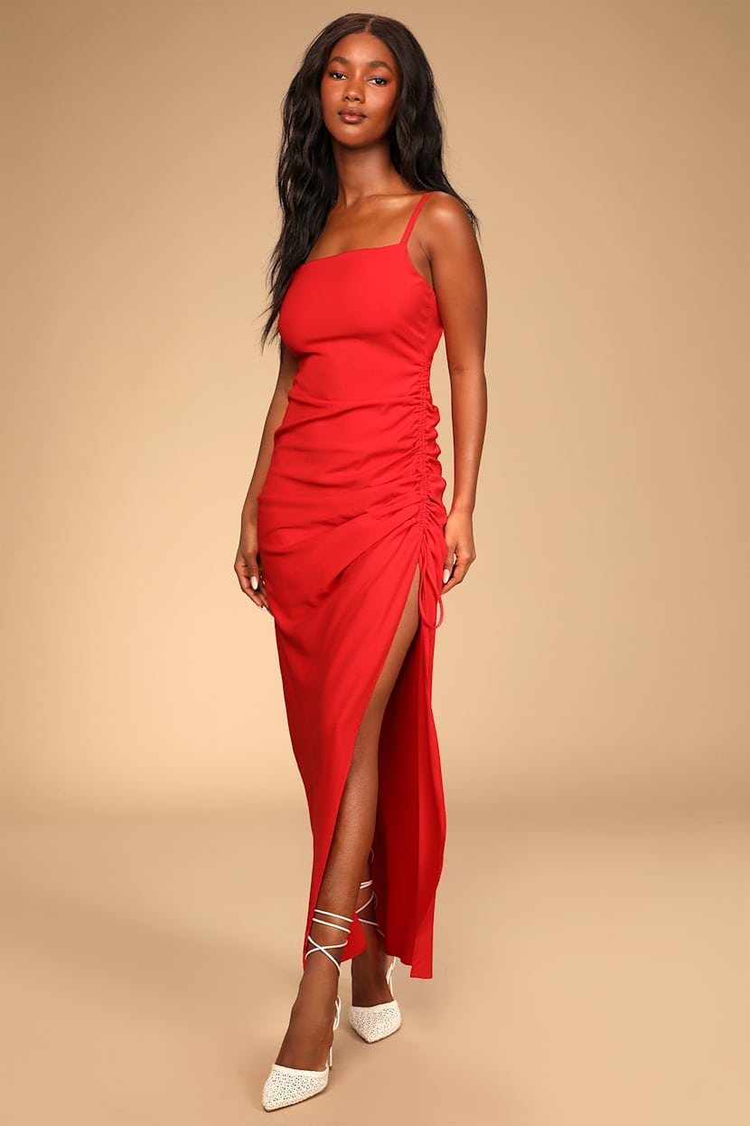 red drawstring dress Red Dress - Ruched Maxi Dress - Sleeveless Maxi Dress