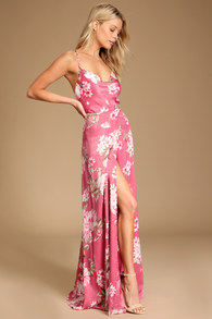 Love of Romance Pink Floral Print Satin Cowl Neck Maxi Dress