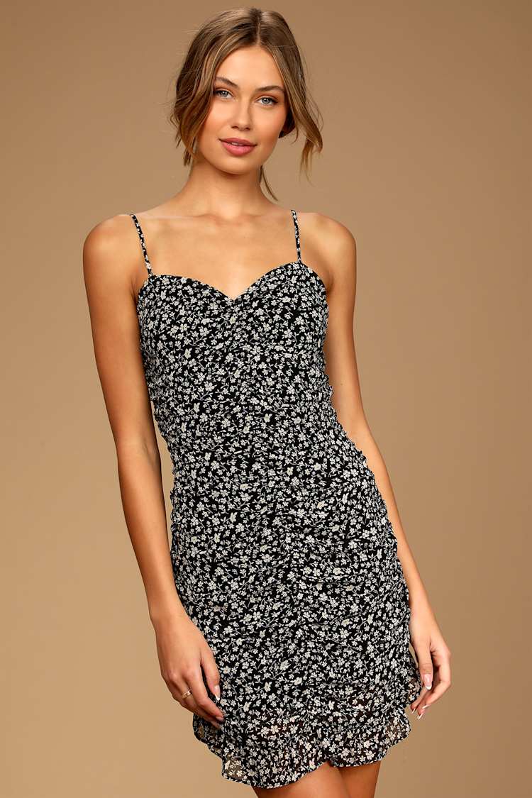 Black Floral Print Dress - Ruched Mini Dress - Bodycon Mini Dress - Lulus Black Floral Print Dress - Ruched Mini Dress - Bodycon Mini Dress - Lulus