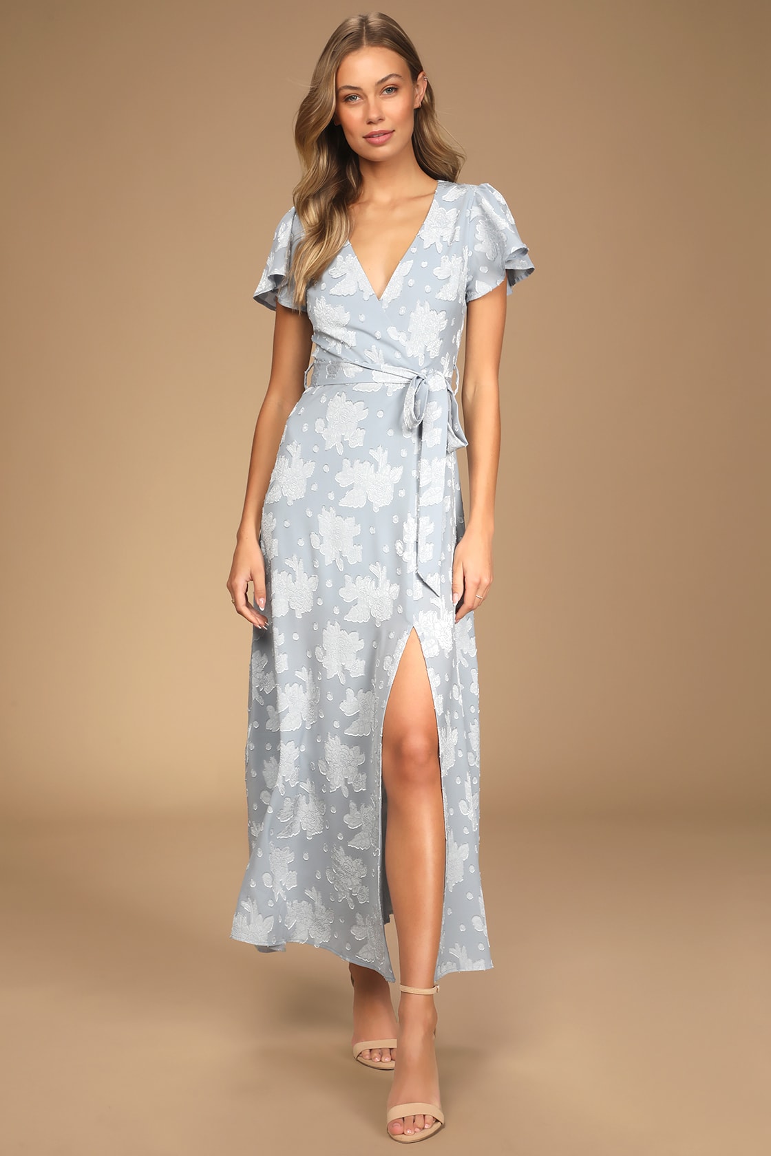 Compelling Love Light Blue Jacquard Short Sleeve Maxi Dress