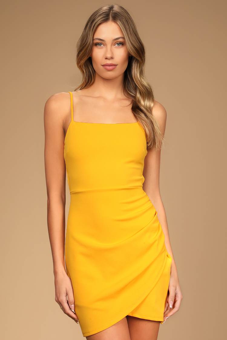 yellow strappy bodycon dress yellow slinky ring detail square neck bodycon dress Yellow Slinky Ruched Strappy Mini Dress