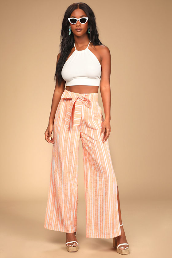Breezy and Beachy Peach Striped Belted Wide-Leg Pants 5