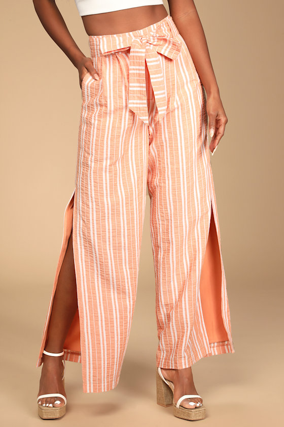 Breezy and Beachy Peach Striped Belted Wide-Leg Pants 4