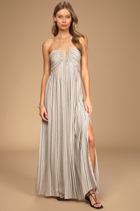 Stroll the Sand Beige Black Print Sleeveless Halter Maxi Dress 5