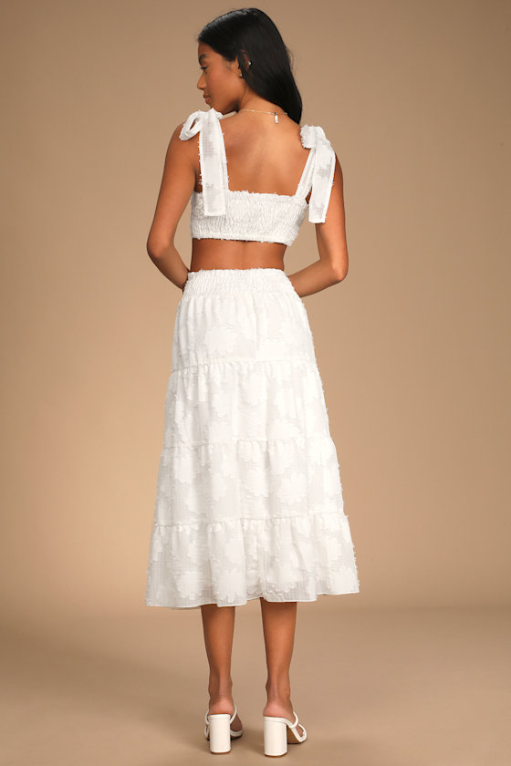 White Two-Piece Dress - Tie-Strap Midi Dress - Tiered Dress
