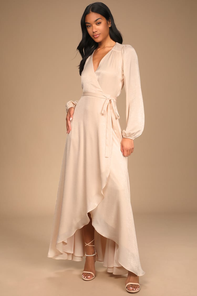 Light Peach Maxi Dress - Satin Dress - Long Sleeve Dress - Maxi - Lulus