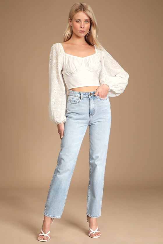 Eagerly Anticipate White Floral Embroidered Long Sleeve Crop Top 2
