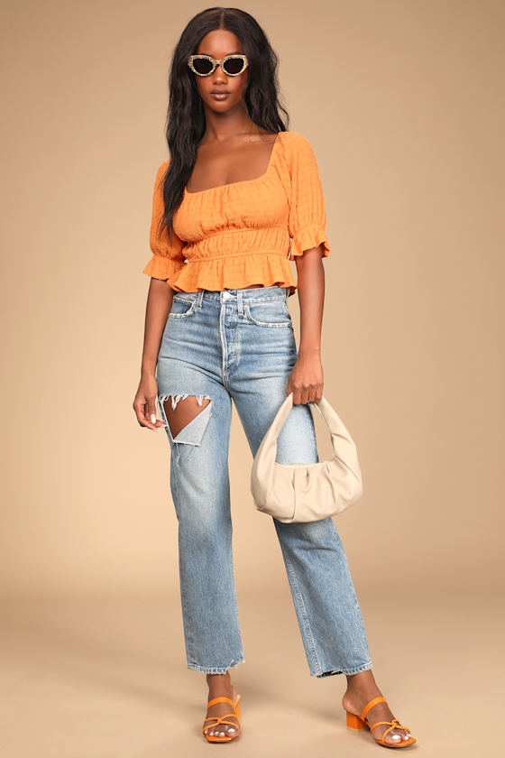 Summery Vibes Orange Smocked Half Sleeve Top 2