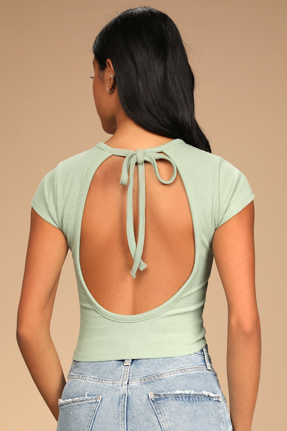 Stealing Glances Sage Ribbed Short Sleeve Backless Crop Top 2