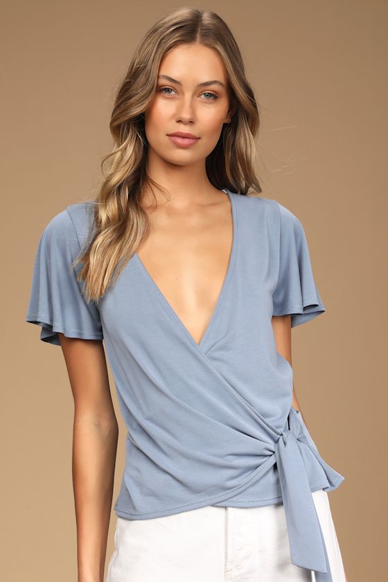 Tie to Me Denim Blue Flutter Sleeve Faux Wrap Top 4