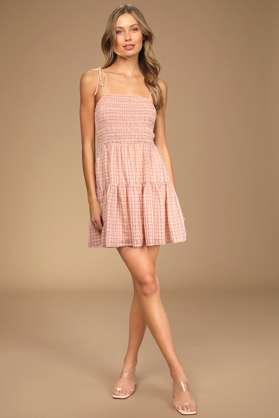 Crush On You Blush Plaid Tie-Strap Smocked Mini Dress 4