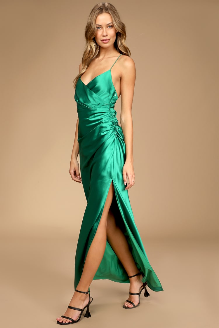 Green Satin Dress - Ruched Maxi Dress - Sleeveless Dress - Lulus