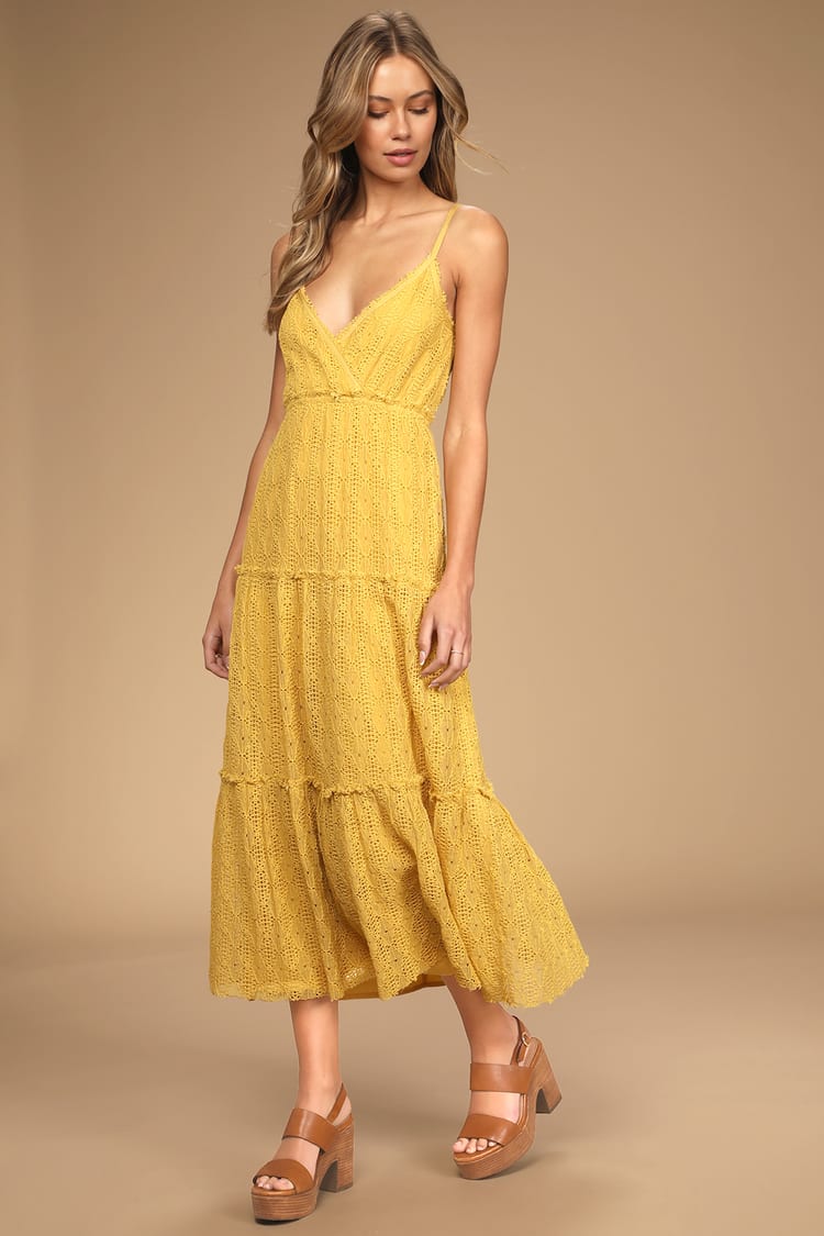 Saunter Along Yellow Lace Midi Dress  Lace summer dresses, White lace long  sleeve dress, Yellow lace dresses