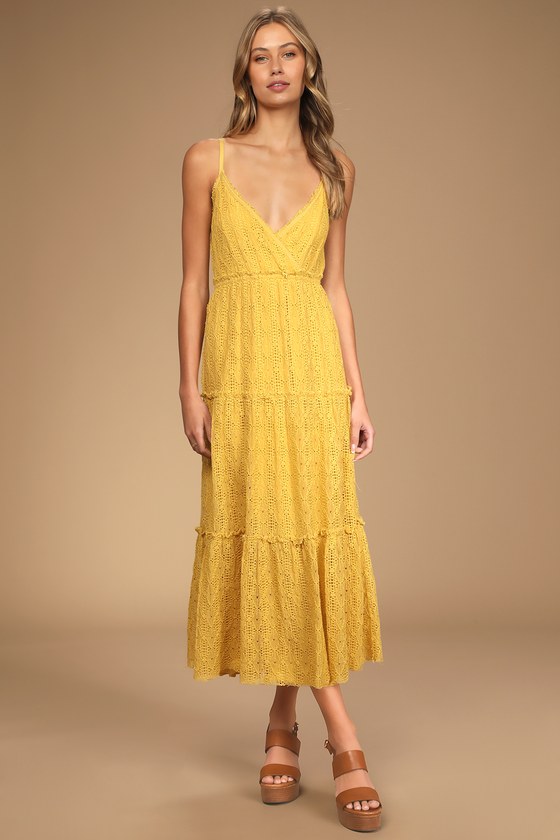 Summer Travels Yellow Lace Tiered Maxi Dress
