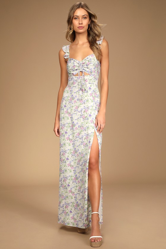 Ivory Floral Print Maxi Ruched Bodice Maxi Ruffled Maxi Dress