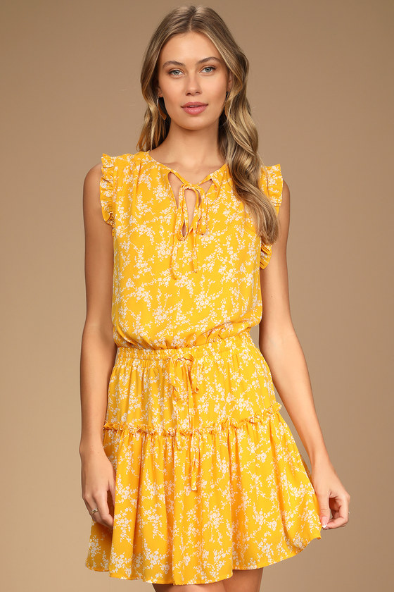 Sweet Somethings Yellow Floral Print Tiered Ruffled Mini Dress