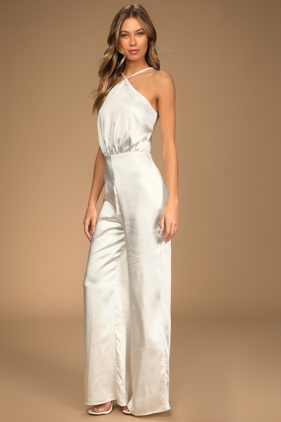 Ivory Satin Jumpsuit - Halter Jumpsuit - Rhinestone Jumspuit
