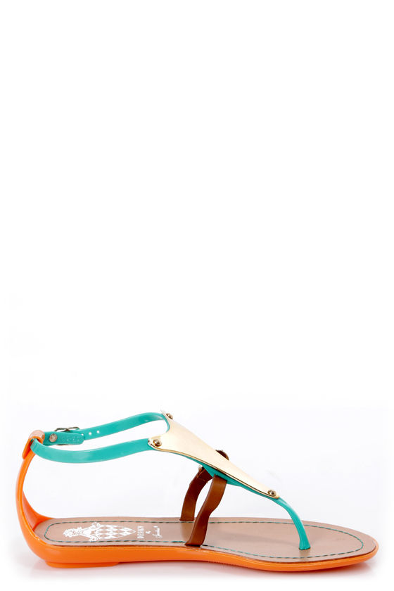 Jelly 1 Green and Gold Plate Thong Sandals - $22.00