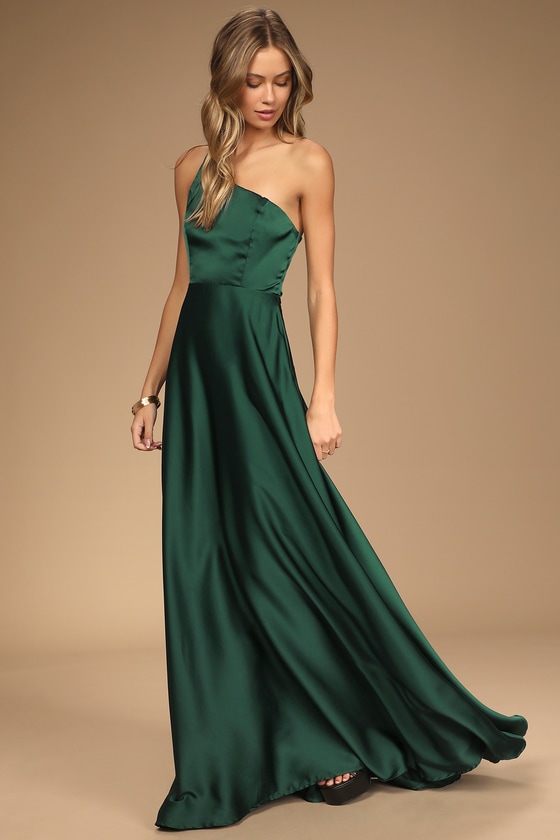 Love's Calling Green Satin One-Shoulder Maxi Dress With Pockets