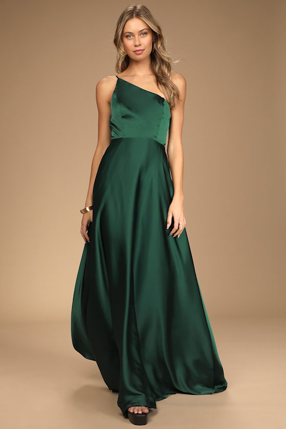 Love's Calling Green Satin One-Shoulder Maxi Dress With Pockets 1