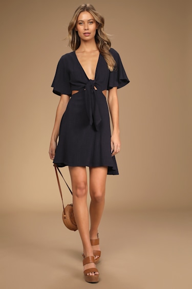 Perfect Day for Love Navy Blue Cutout Tie-Front Mini Dress - Main Image