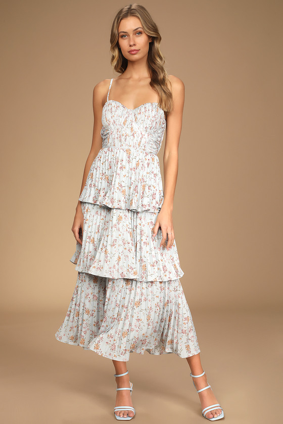 Cascading Crush Pale Blue Floral Print Tiered Bustier Midi Dress