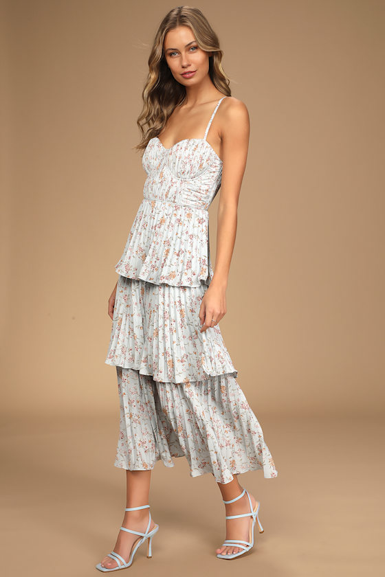 Blue Midi Dress - Tiered Floral Midi Dress - Bustier Midi Dress - Image 3