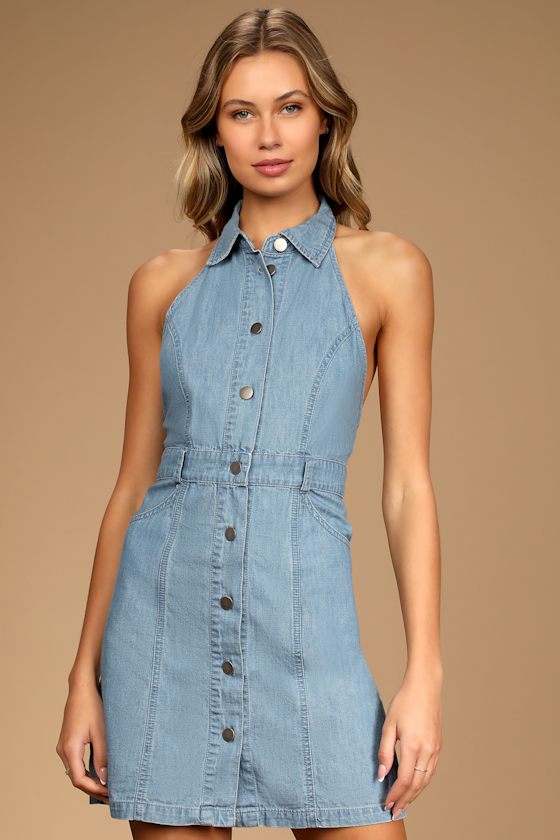 Sami Medium Wash Denim Button-Front Halter Mini Dress 4