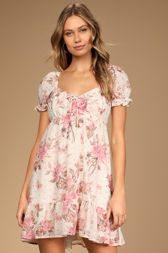 White Floral Print Dress - Mini Dress - Eyelet Babydoll Dress - Lulus