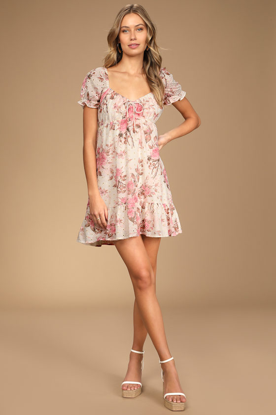 Sweetest Take White Floral Print Eyelet Babydoll Mini Dress 5