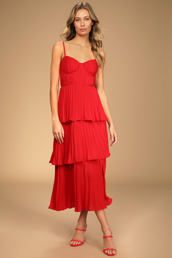 Cascading Crush Red Tiered Bustier Midi Dress