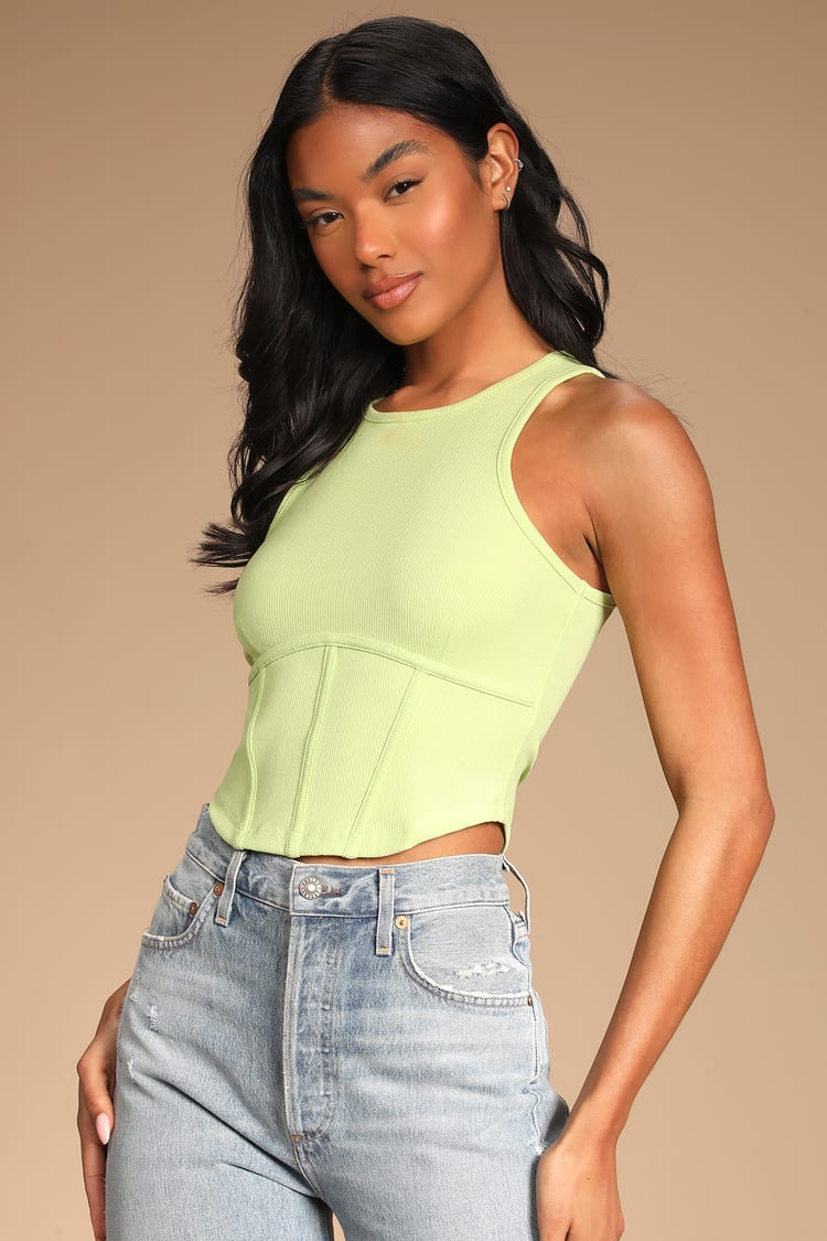 Lime Green Crop Top - Corset Seamed Top - Faux Underwire Crop Top