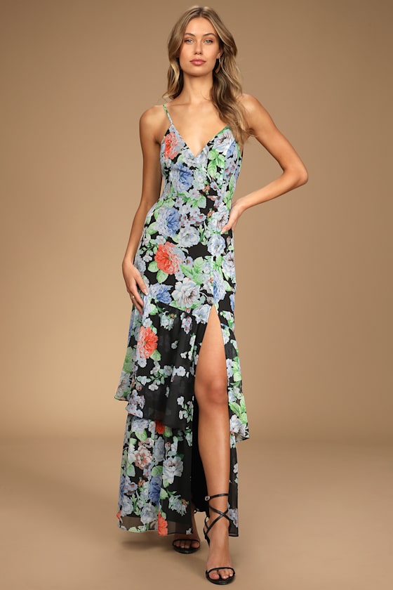 navy blue dress for baby girl Effortless Energy Black Floral Print Asymmetrical Maxi Dress