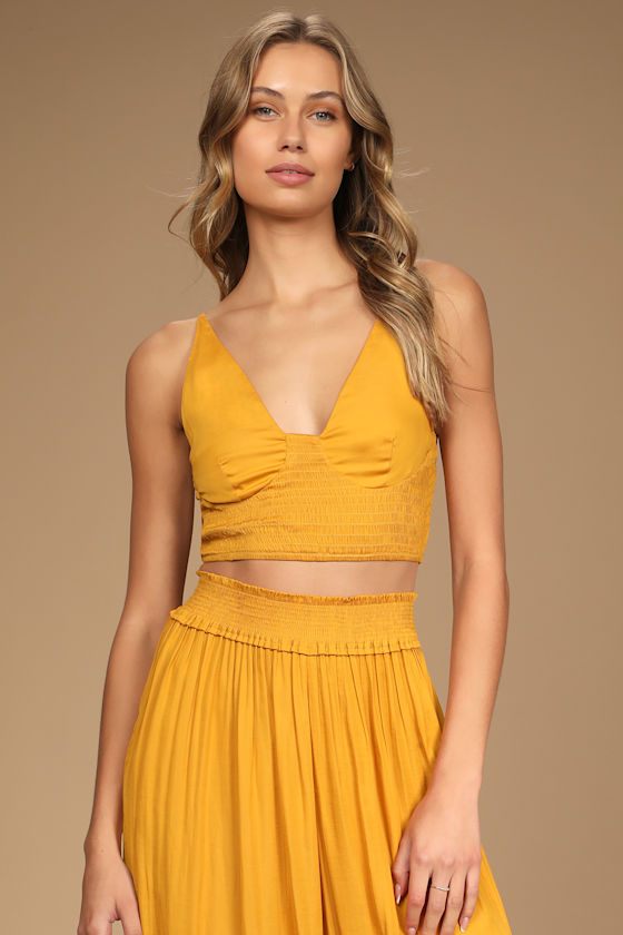 Mustard Yellow Crop Top Smocked Top Sleeveless Crop Top Lulus