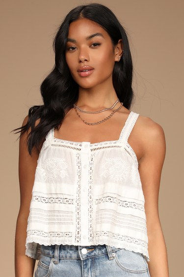 Sweet by Design Ivory Lace Embroidered Button-Up Tank Top