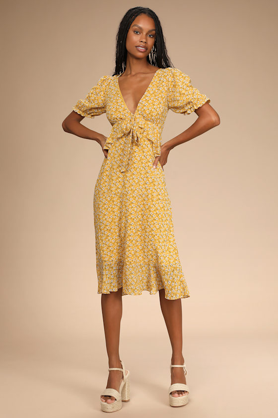 Anything Lovelier Yellow Floral Print Tiered Midi Dress 1