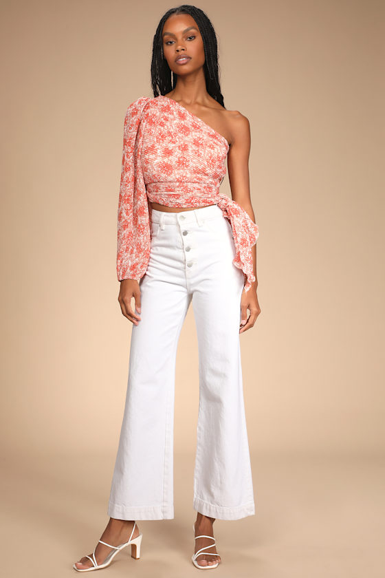 Grow Toward Love Pink Floral Print Pleated One-Shoulder Top 5