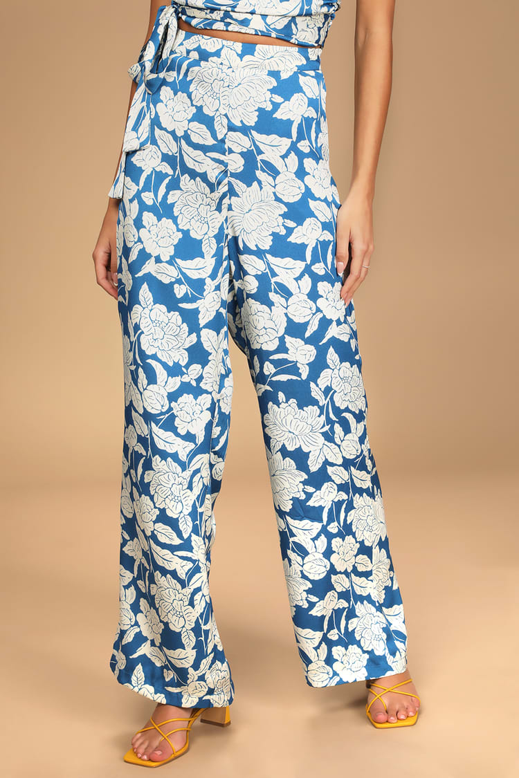 Capri Cutie Blue Floral Print Satin Wide-Leg High-Waisted Pants