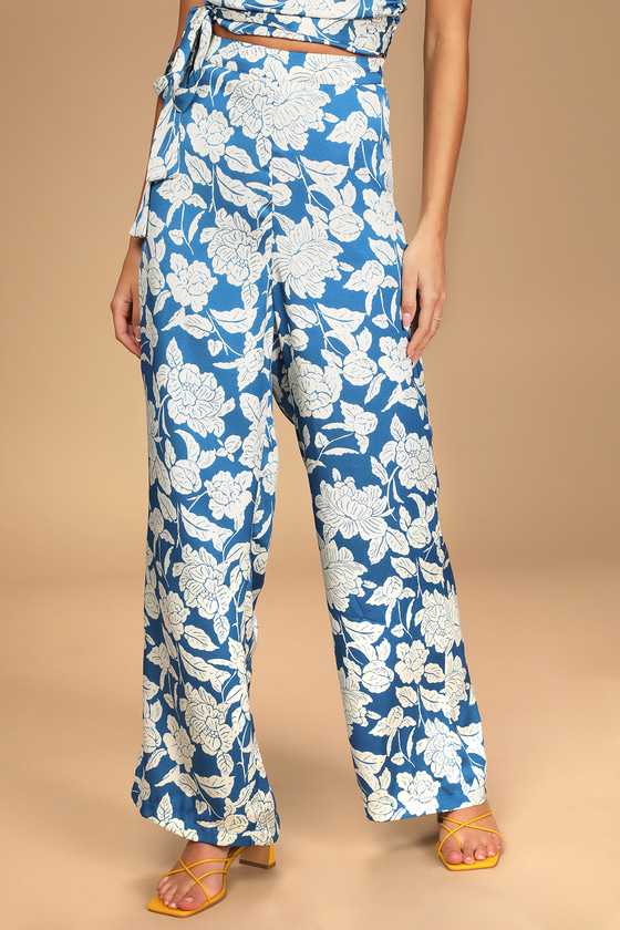 Blue Floral Print Pants - Wide-Leg Pants - High-Waisted Pants - Lulus