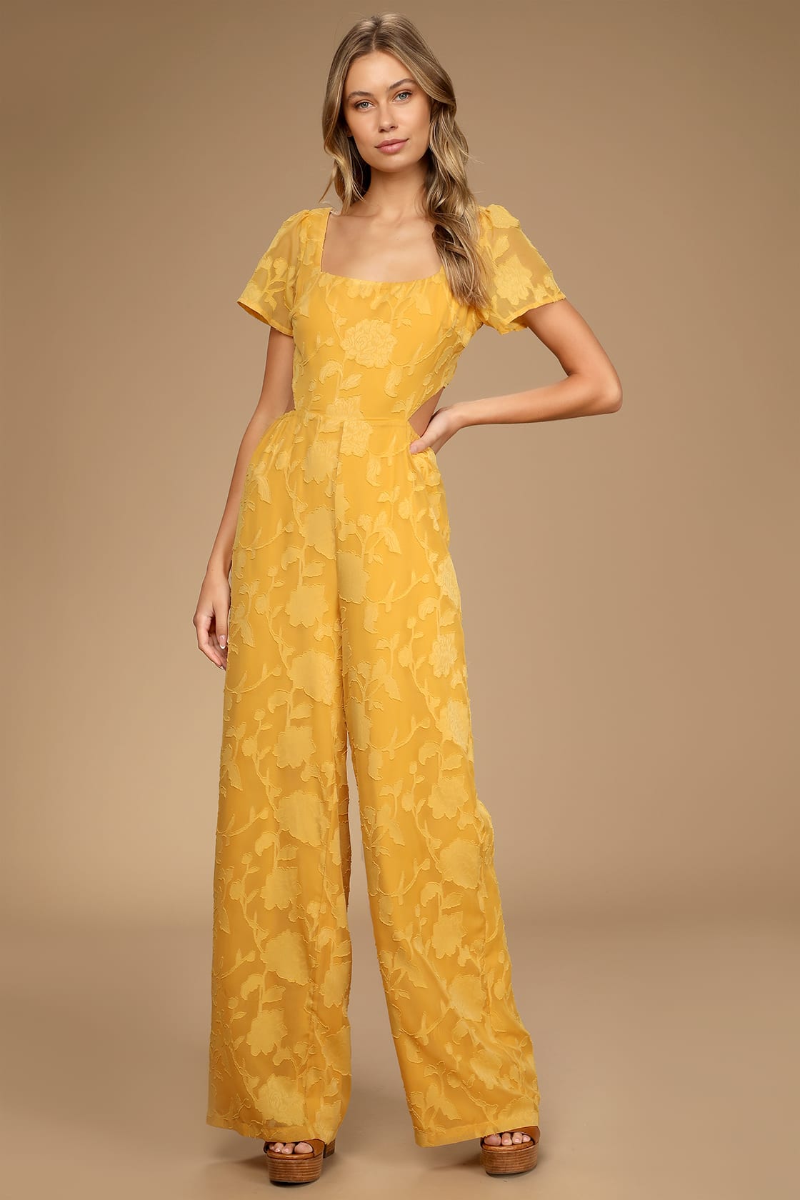 Romantic Desire Yellow Floral Burnout Tie-Back Jumpsuit